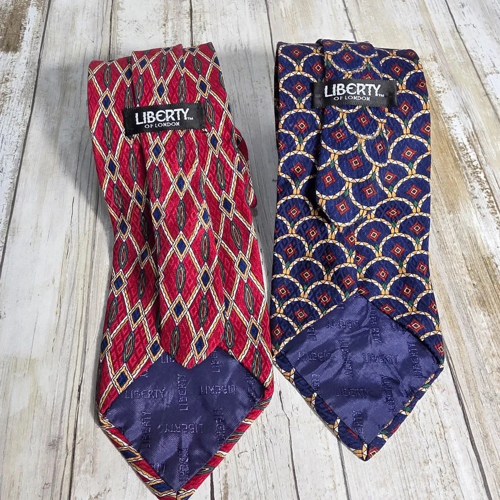 Liberty of London Mens Silk Necktie Set Red Diamond Navy Medallion Geometric 2pk